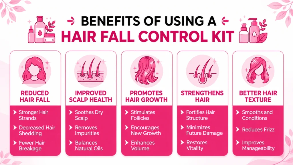 Infographic explaining the benefits of a Hair Fall Control Kit including healthier scalp care, reduced hair breakage, stronger roots, and improved hair appearance.