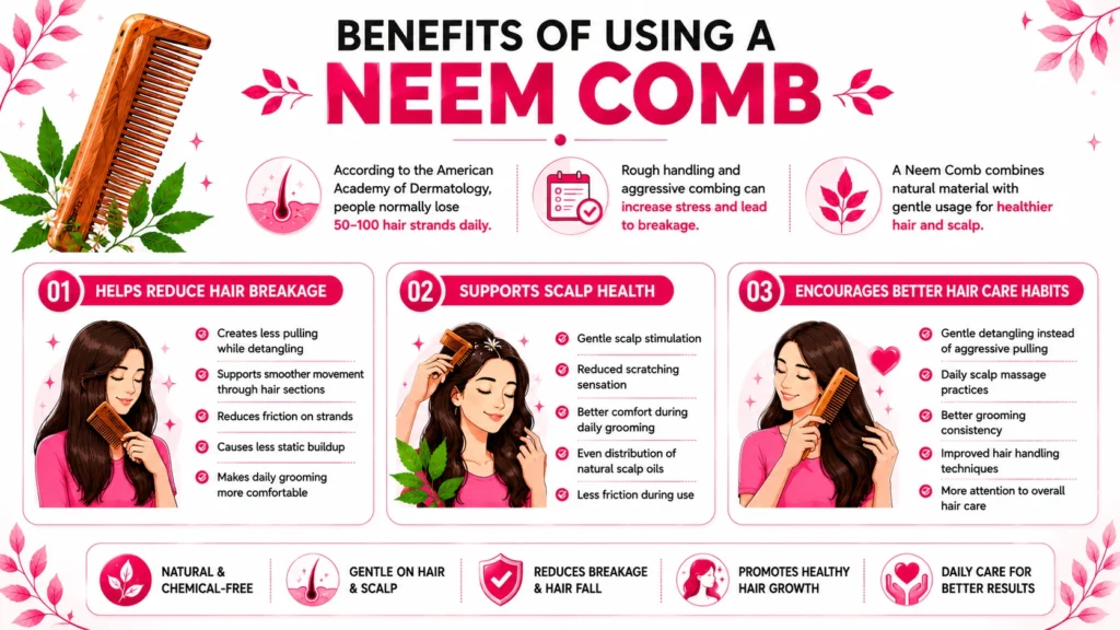 Infographic showing the benefits of a Neem Comb, including reduced hair breakage, improved scalp health, gentle detangling, and better daily hair care habits.