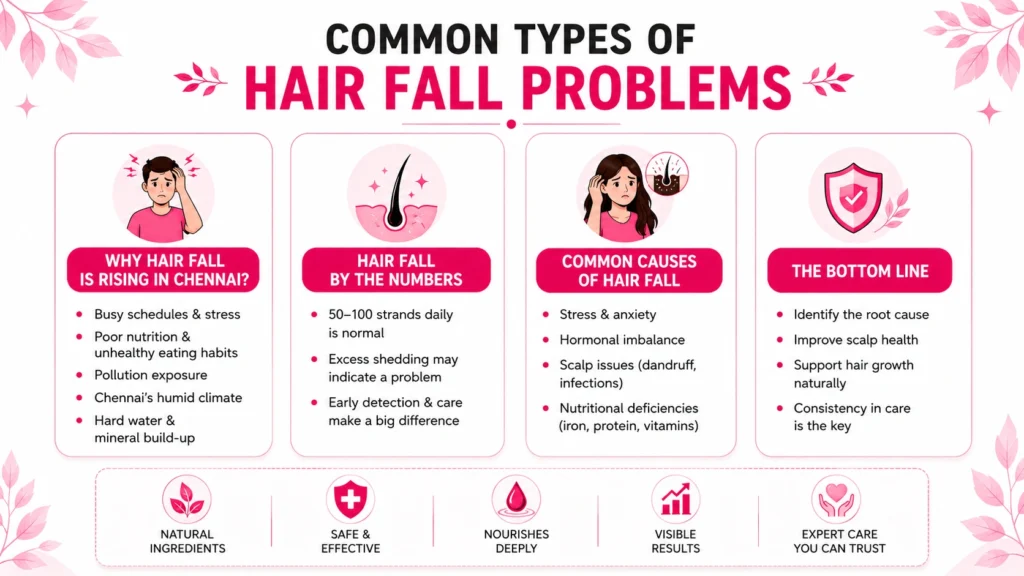 Common causes of hair fall in Chennai including stress, pollution, hard water, and nutritional deficiencies