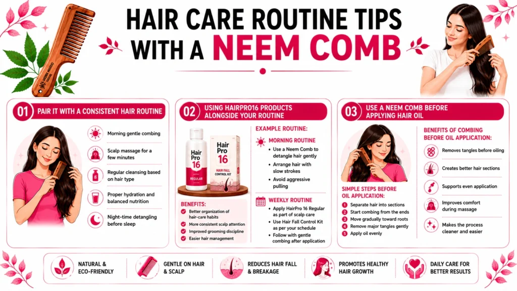 Infographic explaining how to use a Neem Comb in a daily hair care routine, including detangling, scalp massage, hair oil application, and healthy grooming habits.