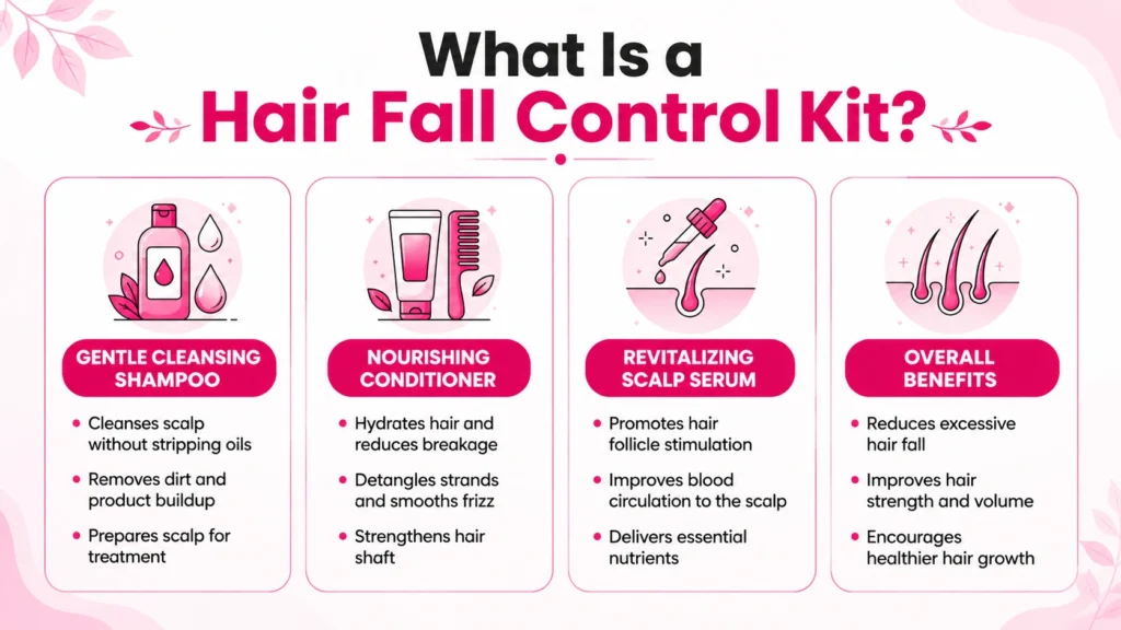 Infographic explaining what a Hair Fall Control Kit is and how it supports scalp care, hair nourishment, and reduced hair fall through a complete hair-care routine.