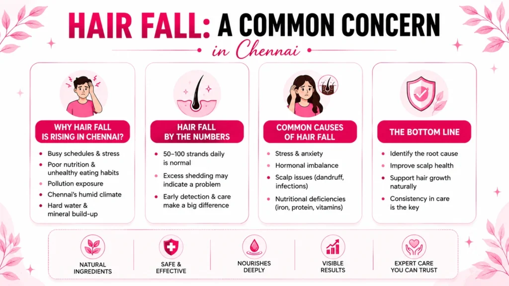 Different hair fall conditions treated through Hair Fall Treatment Chennai including male pattern baldness, female hair thinning, dandruff-related hair fall, and slow hair regrowth