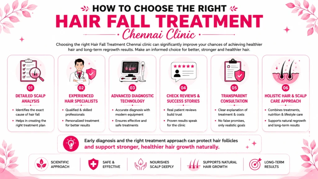Hair Fall Treatment Chennai clinic selection guide showing scalp analysis, diagnosis facilities, experienced specialists, and personalized treatment planning