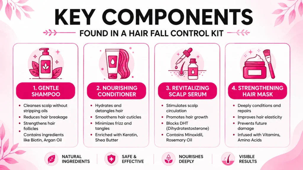 Infographic highlighting the key components of a Hair Fall Control Kit such as shampoo, hair oil, serum, conditioner, and scalp care products.