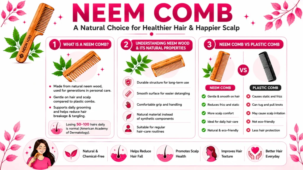 Infographic explaining what a Neem Comb is, its natural neem wood properties, benefits for scalp care, and comparison with regular plastic combs.