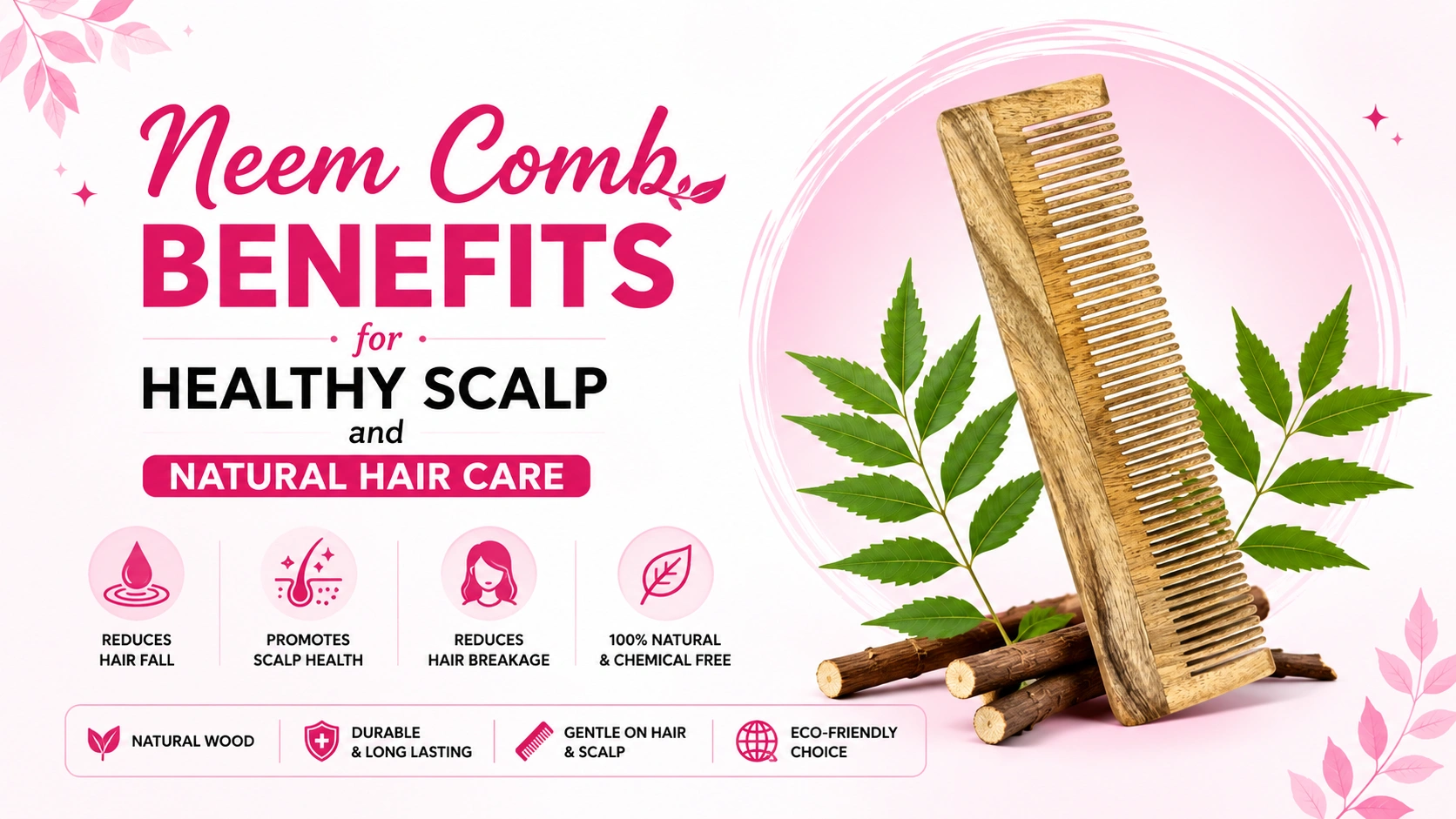 Natural neem wood comb for healthy scalp care, gentle detangling, reduced hair breakage, and everyday natural hair care routine.