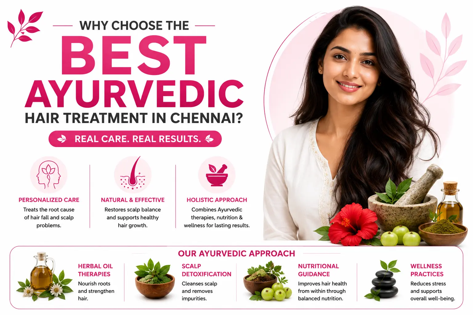 Woman with long healthy hair showcasing the benefits of the best Ayurvedic hair treatment in Chennai, featuring herbal oils, scalp detoxification, nutritional guidance, and holistic hair care solutions.