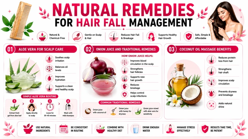Infographic showing aloe vera, onion juice, coconut oil massage, and natural remedies for healthier hair growth
