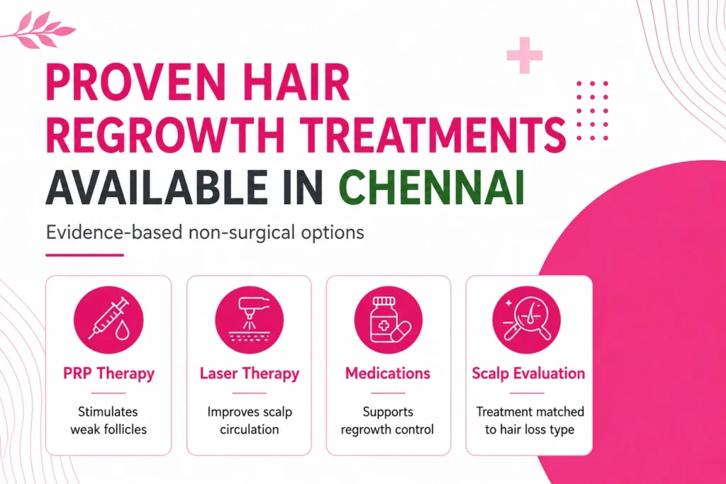 Dermatologist performing advanced hair regrowth treatments in Chennai, including PRP therapy, mesotherapy, laser therapy, and scalp microneedling to promote natural hair growth.