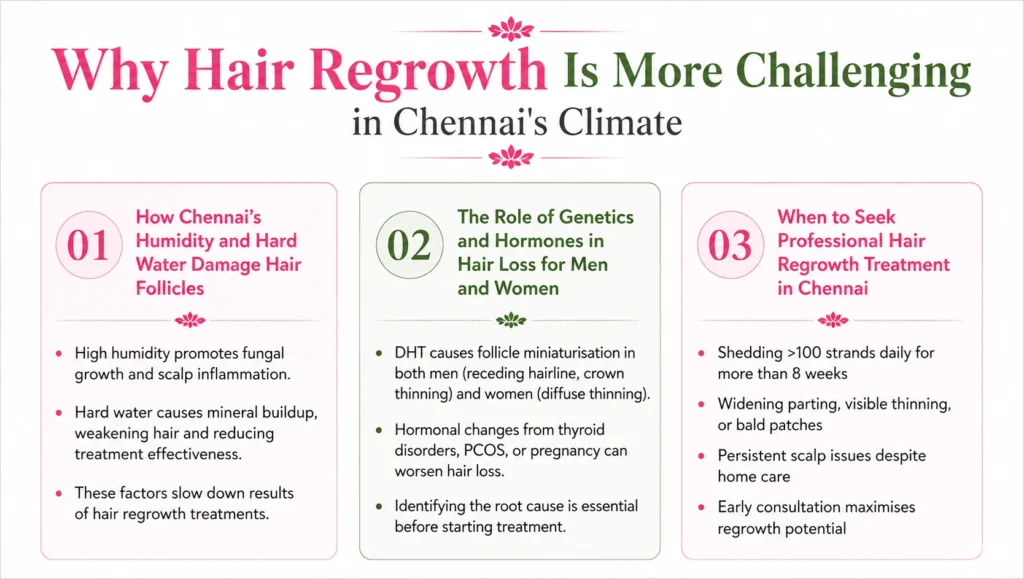 Illustration showing how Chennai's humid climate, hard water, and environmental factors contribute to hair loss and affect hair regrowth treatment outcomes.
