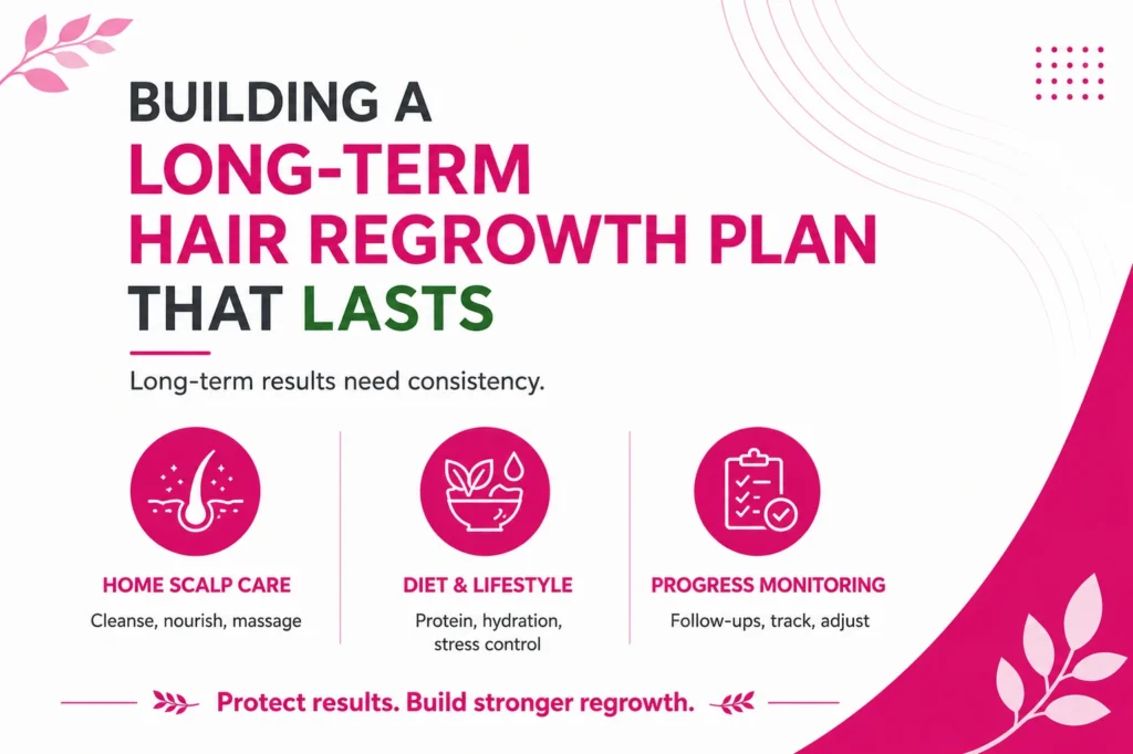 Person following a long-term hair regrowth treatment plan in Chennai with a healthy diet, scalp care routine, regular PRP sessions, and progress tracking for stronger hair growth.