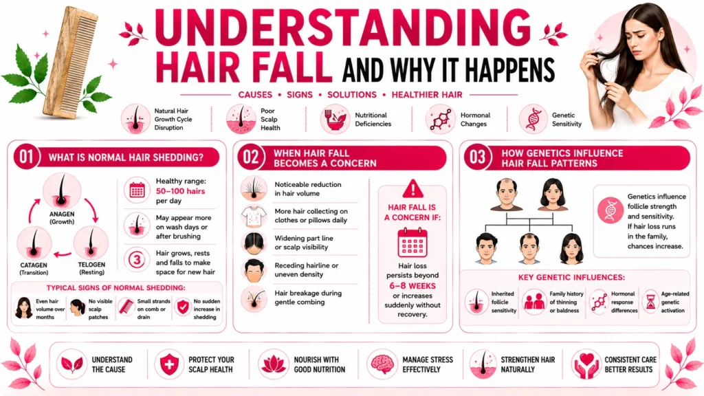Infographic explaining the hair growth cycle, normal hair shedding, and common causes of hair fall