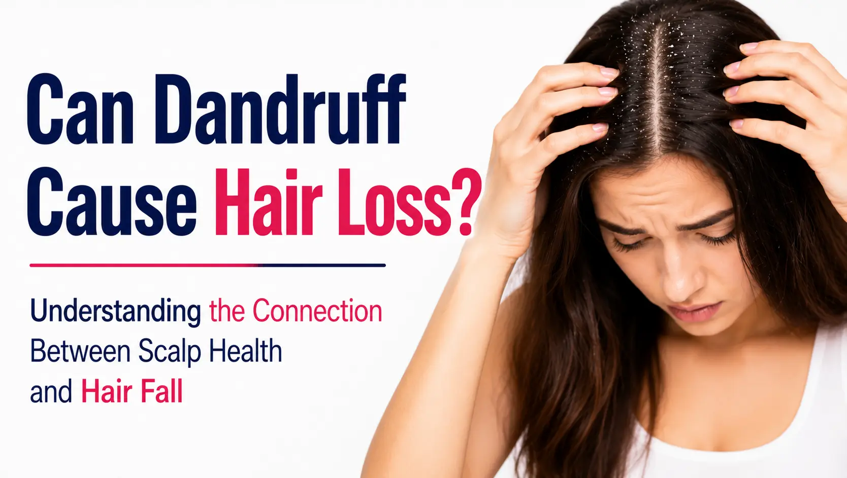 Can dandruff cause hair loss? Woman examining dandruff on her scalp with visible flakes and hair fall concerns.